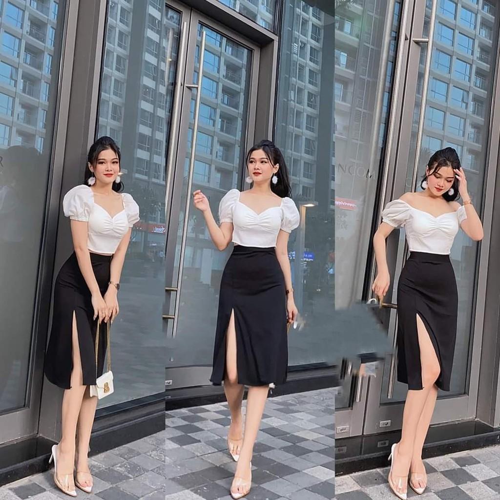 Chân Váy Midi Skirt Xẻ Tà