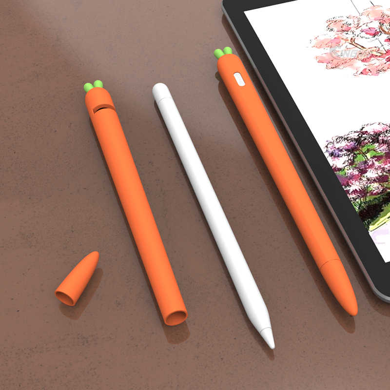 Ốp Silicon kiểu củ cà rốt dành cho Apple Pencil 1, 2 tặng kèm nắp bút và 4 chiếc bọc ngòi