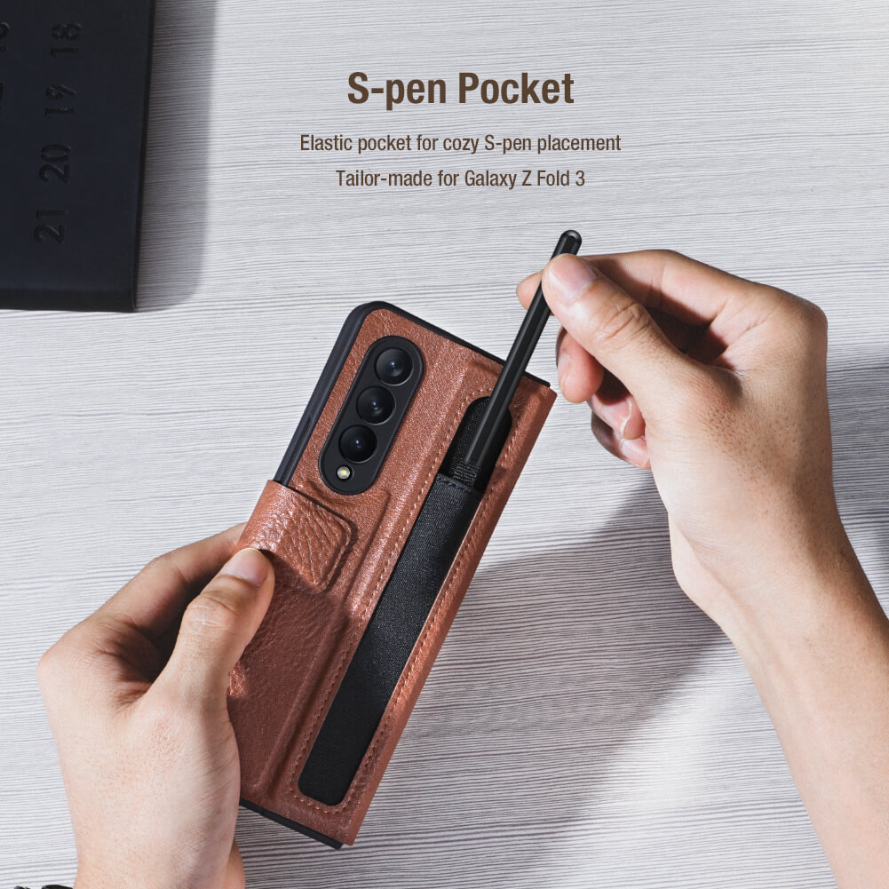 Case bao da leather chống sốc cho Samsung Galaxy Z Fold 3 trang bị ngăn đựng S-Pen hiệu Nillkin Aoge Leather Cover Case (bảo vệ máy cực tốt, chất liệu da thật cao cấp, thiết kế thời trang cá tính) - hàng nhập khẩu