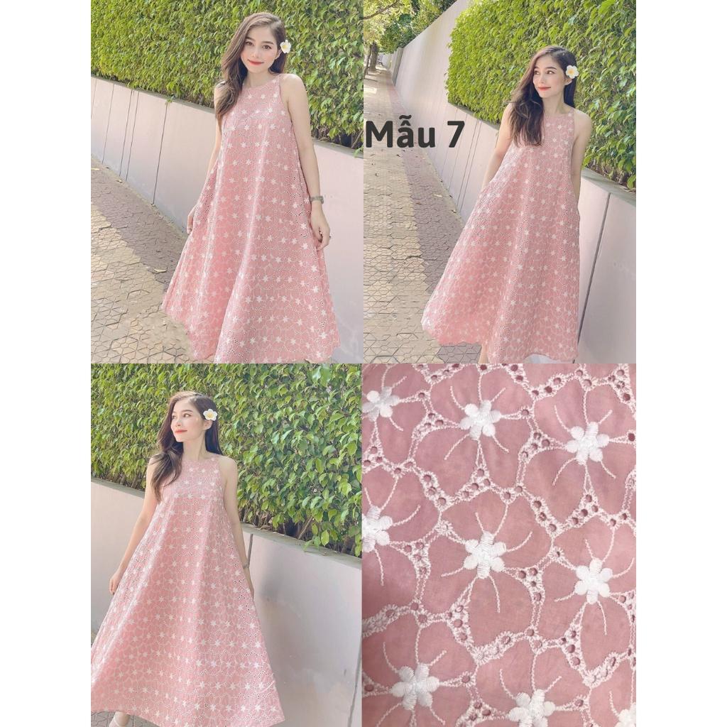 Đầm maxi form rộng chữ A, Đầm yếm dáng suông dài qua gối Cao Cấp vải kate trắng thêu hoa nhí, sát nách cổ tròn MiNhi