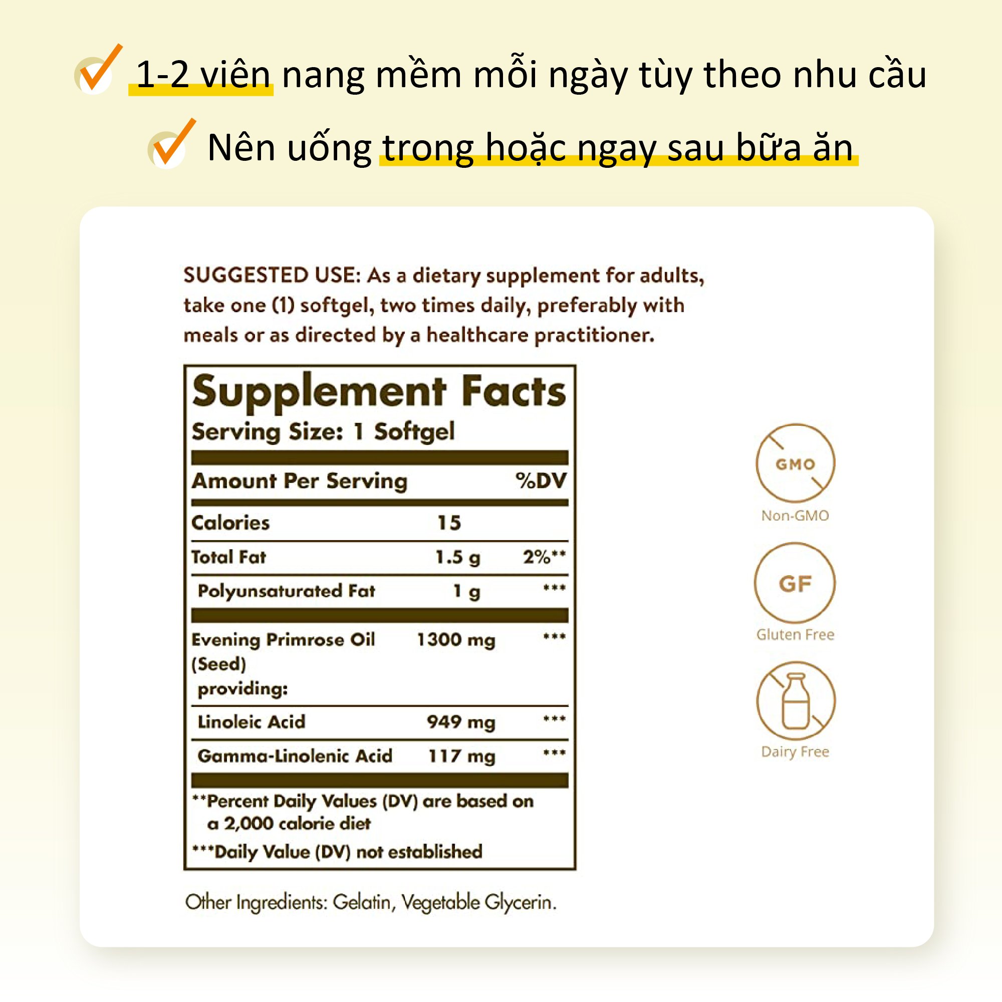 Viên uống điều hòa nội tiết tố nữ, nuôi dưỡng da Solgar Dầu Anh Thảo Evening Primrose Oil 1300 mg - NHẬP KHẨU USA