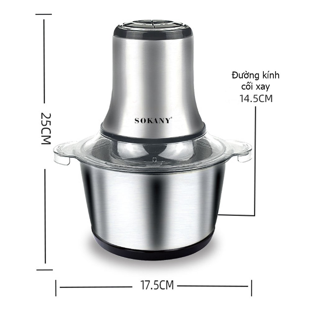 Máy xay thịt cối inox 304 SOKANY công suất lớn 800W, 4 lưỡi đa năng xay nhuyễn thịt cá, dung tích 3L - SK7005A - HÀNG CHÍNH HÃNG - DELIYA