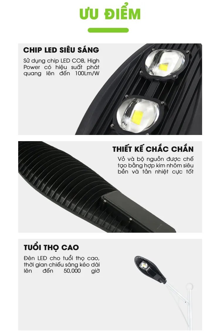 Đèn Led Đường Phố Chiếc Lá Chip COB Công Suất 50W-100W-150W-200W Ánh sáng Trắng