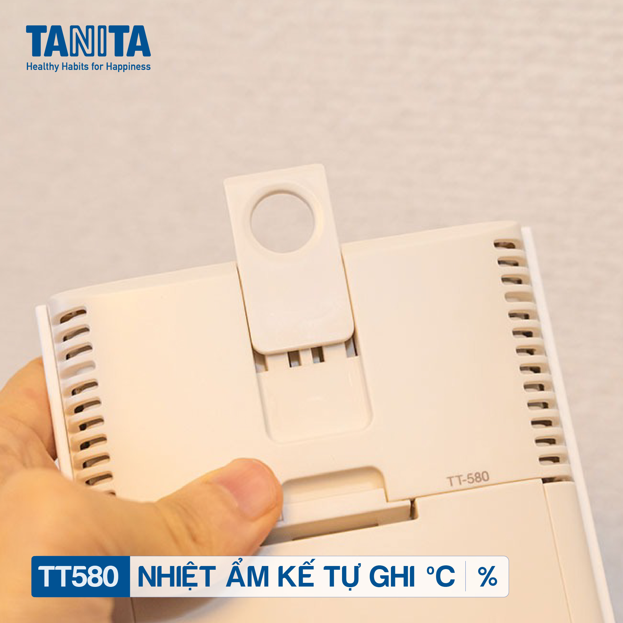 Nhiệt ẩm kế điện tử tự ghi 7 ngày TANITA TT580 chính hãng nhật bản,thiết bị đo độ ẩm nhiệt độ chính xác,màn hình rõ ràng,hiển thị ngày giờ chuông báo thức,có lỗ treo,để bàn phù hợp trong phòng lạnh, bệnh viện, gia đình có trẻ sơ sinh