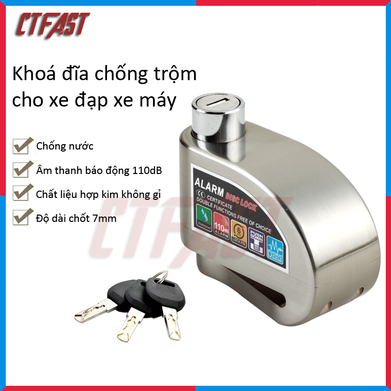 Khóa đĩa chống trộm CTFAST cho xe máy, xe đạp - chất liệu hợp kim không gỉ, chống nước, báo động 110dB