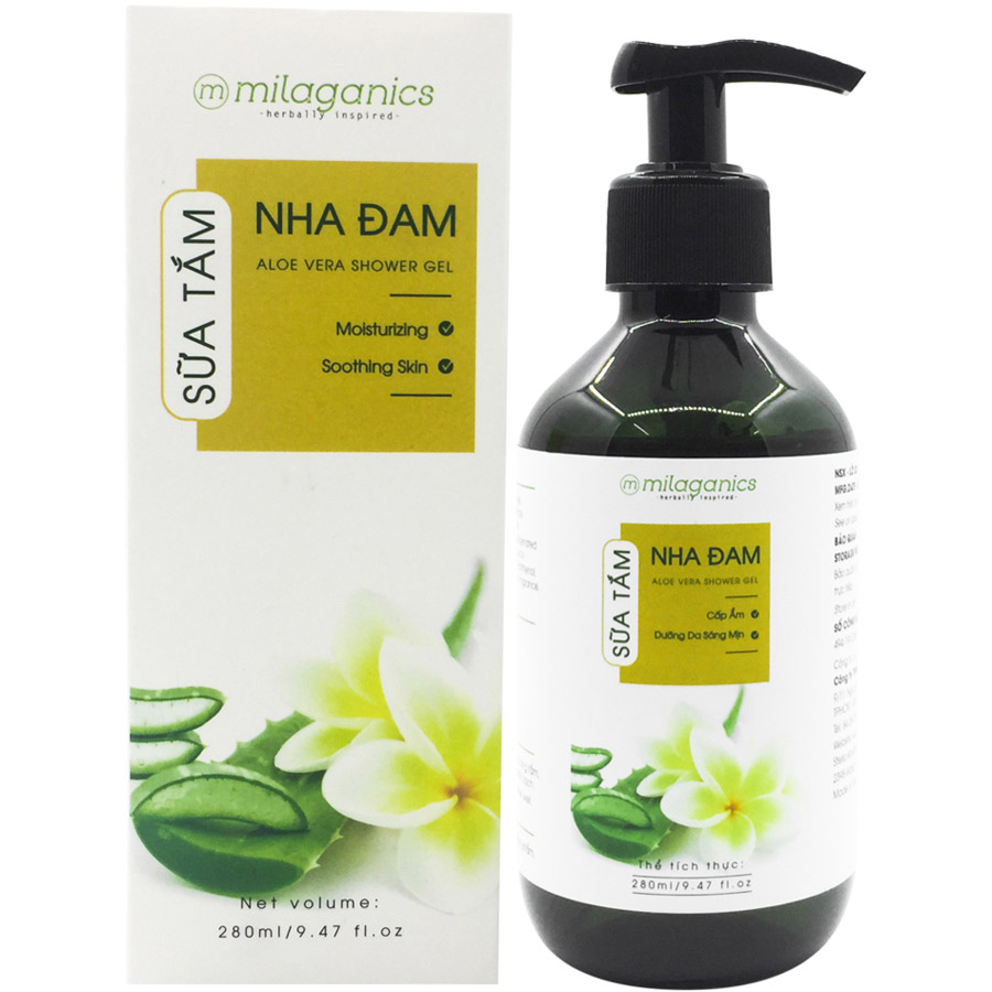 Combo Body Sáng Mịn Sạch Da Milaganics: Sữa Tắm Nha Đam Milaganics 280ml + Tẩy Da Chết Cà phê Milaganics 280g