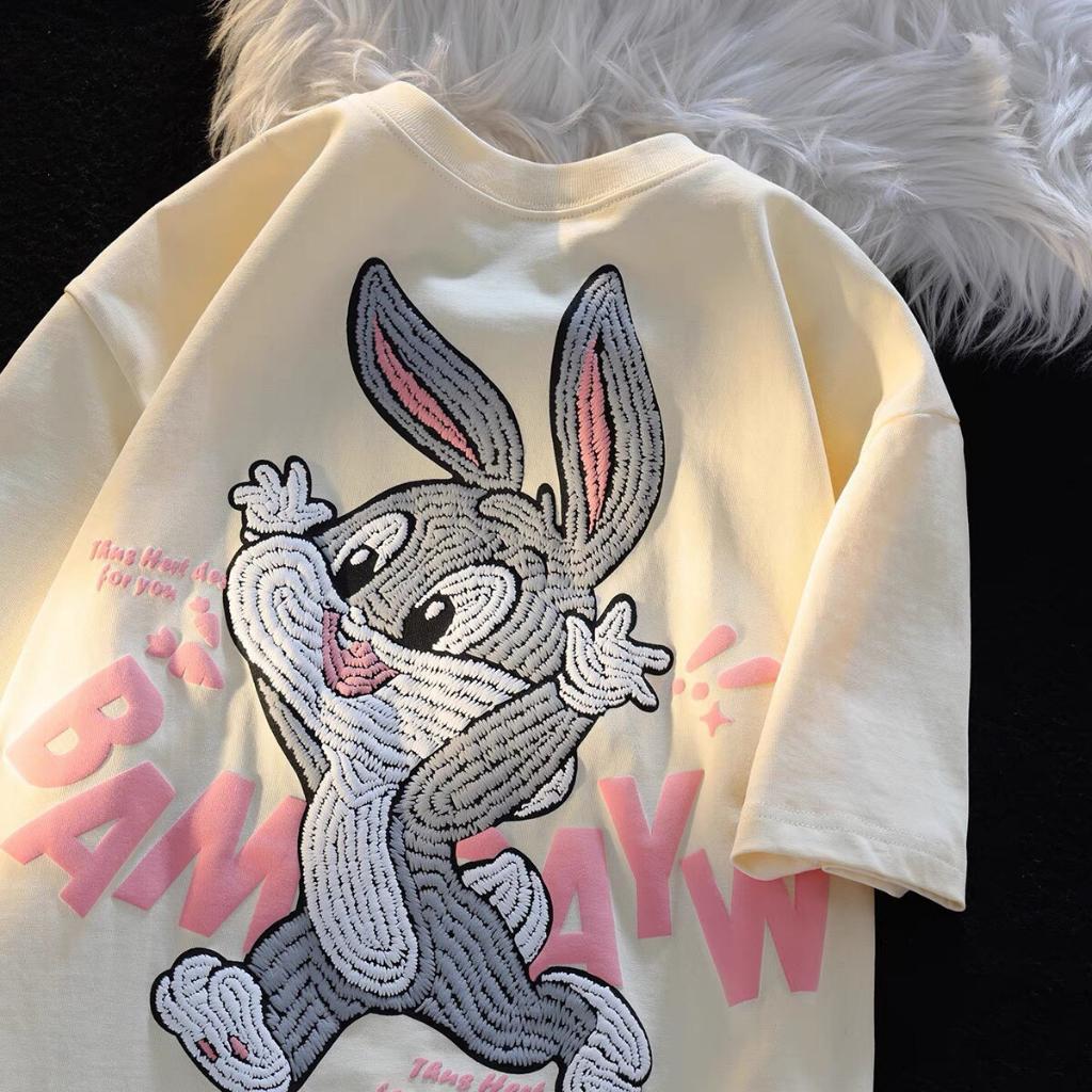 Áo phông nam nữ form rộng 2N Unisex thun cotton in nổi con thỏ trắng/be/đen
