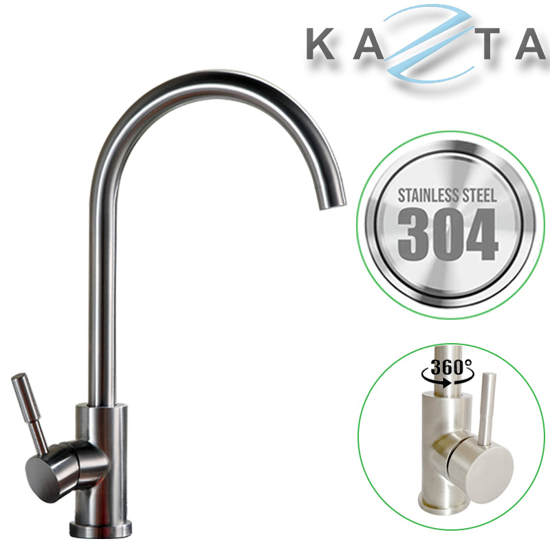 Vòi rửa bát nóng lạnh Kazta KZ-7102 cổ tròn inox 304 kèm 2 dây cấp nóng lạnh