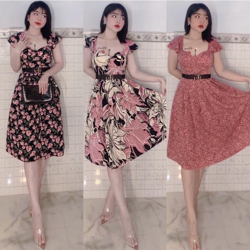 Đầm xoè hoạ tiết hoa cúp ngực cánh tiên có túi hai bên