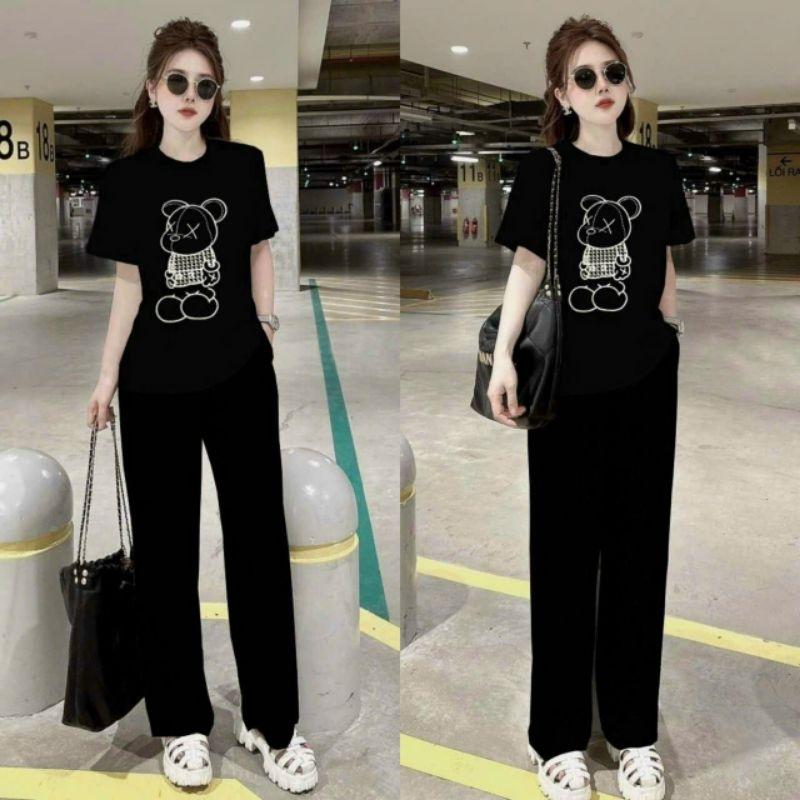 Đồ bộ thun nữ có bigsize quần dài ống suông quần ống rộng áo thêu hình gấu, sét bộ đi chơi đi làm, bộ đồ mặc nhà xinh