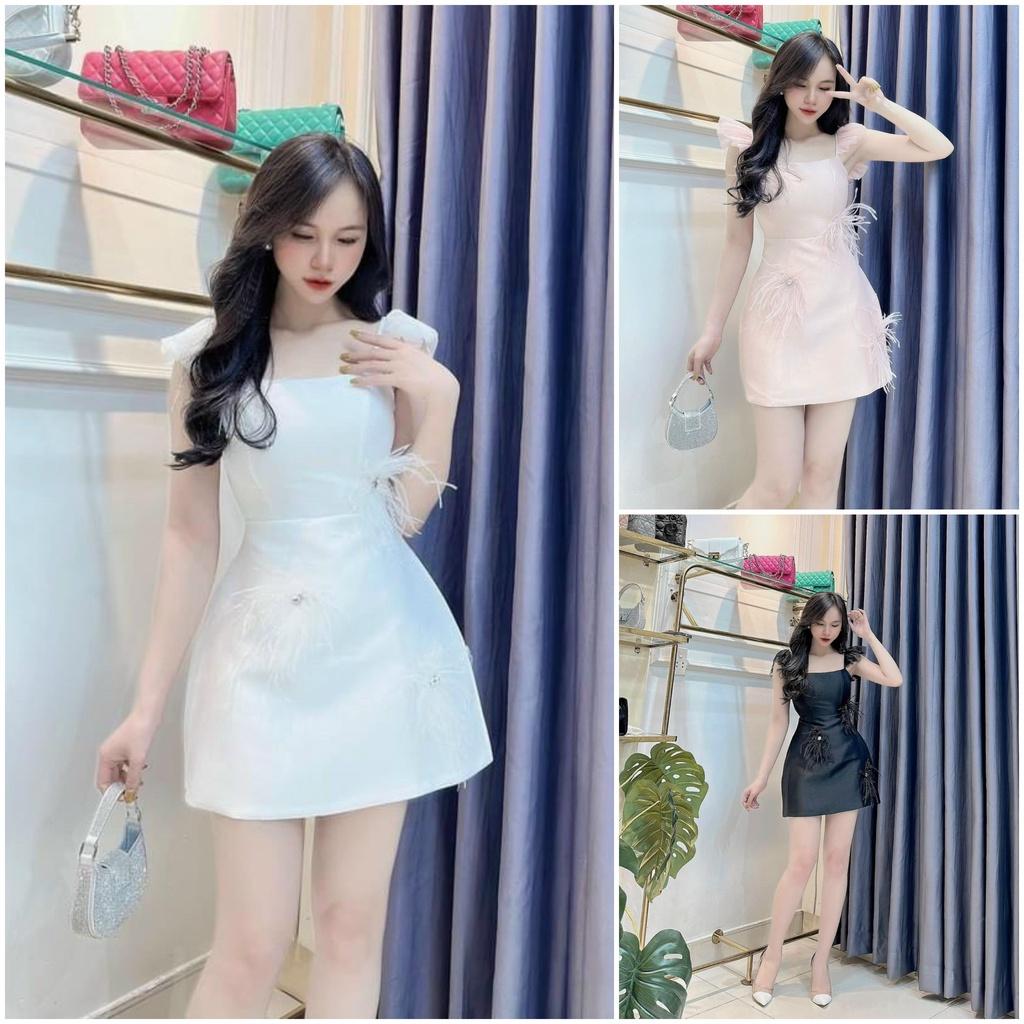 Đầm xoè dự tiệc đính lông cừu phối tay lưới cánh tiên