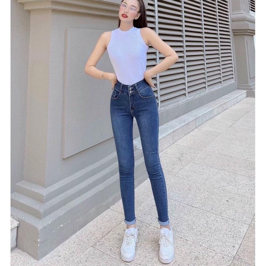 Quần Jean Nữ lưng Cao 2 Nút Co Giãn Màu Xanh CƠ BẢn