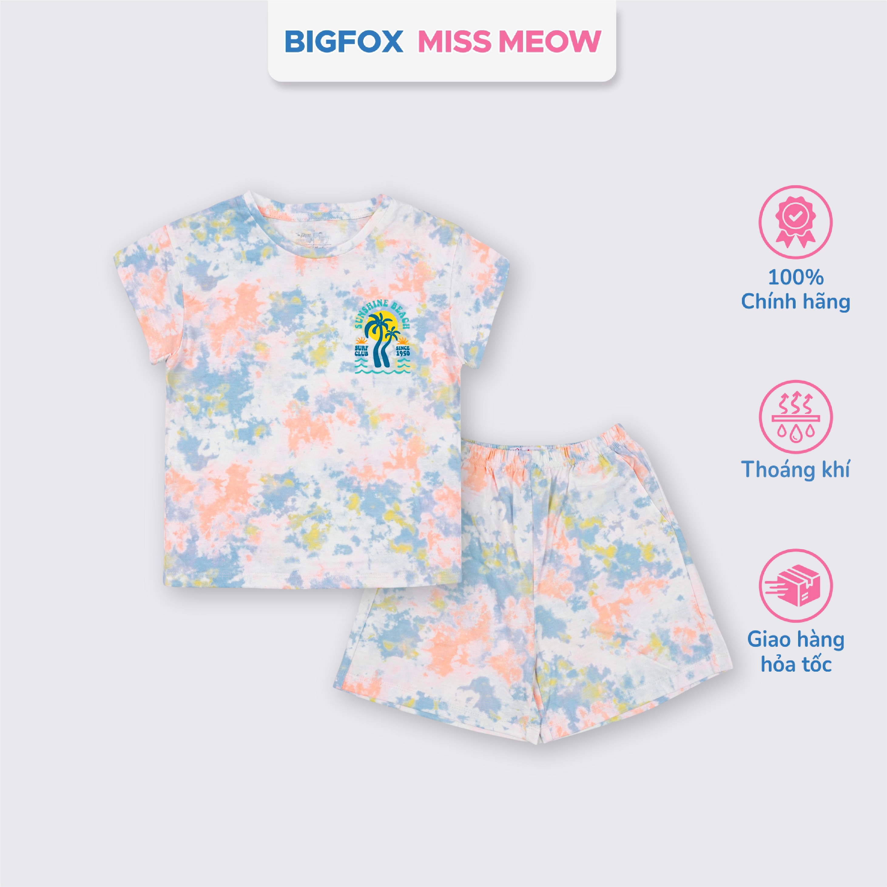 Bộ cotton bé gái Bigfox Miss Meow size đại cộc tay mùa hè in loang đẹp cỡ 3,6,9,11 tuổi 30kg 40kg