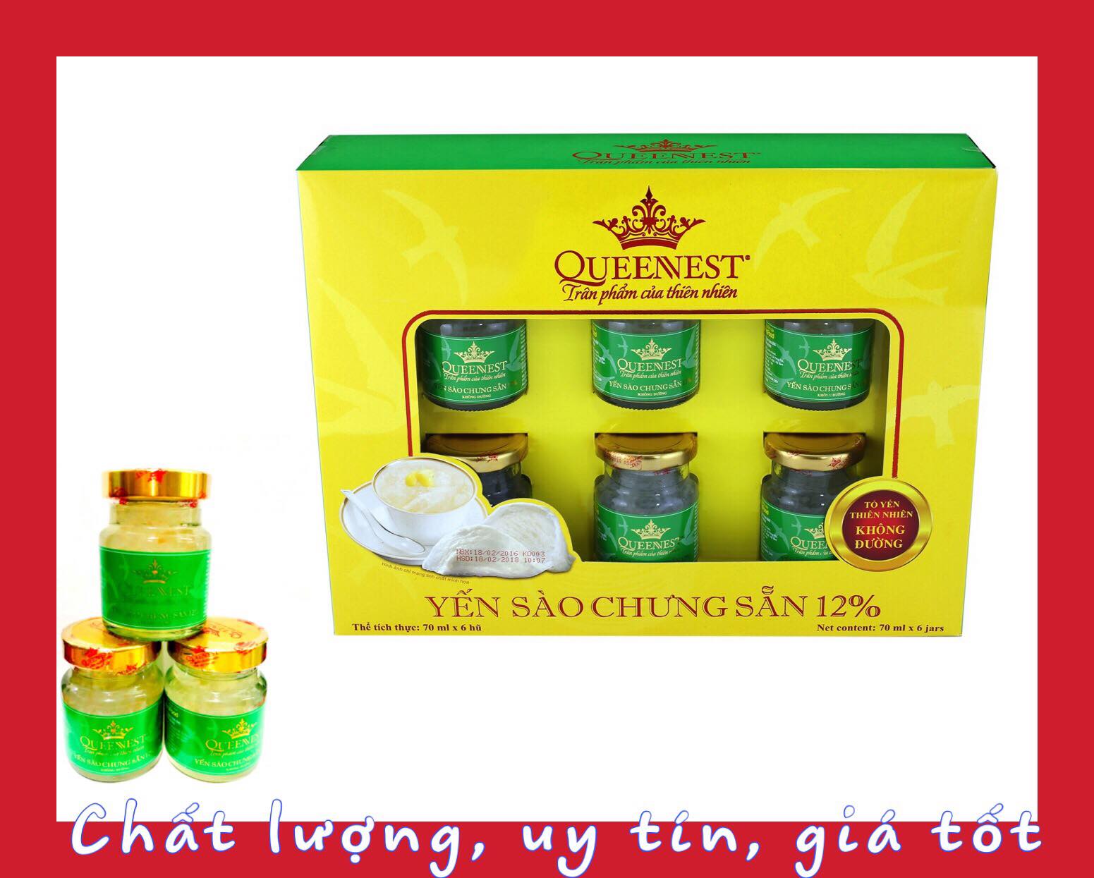 Yến sào chưng sẵn không đường QUEENNEST 12% (Hộp 6 Hũ)