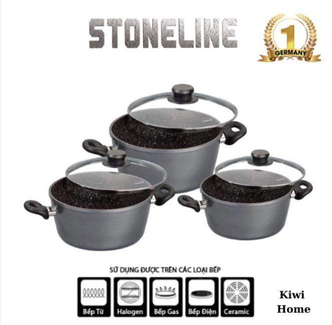 Nồi chống dính phủ đá Stoneline 18cm/ 20cm/ 24cm, dùng cho bếp từ, bếp gas, bếp hồng ngoại, chiên, nướng không dầu -Thương hiệu Đức