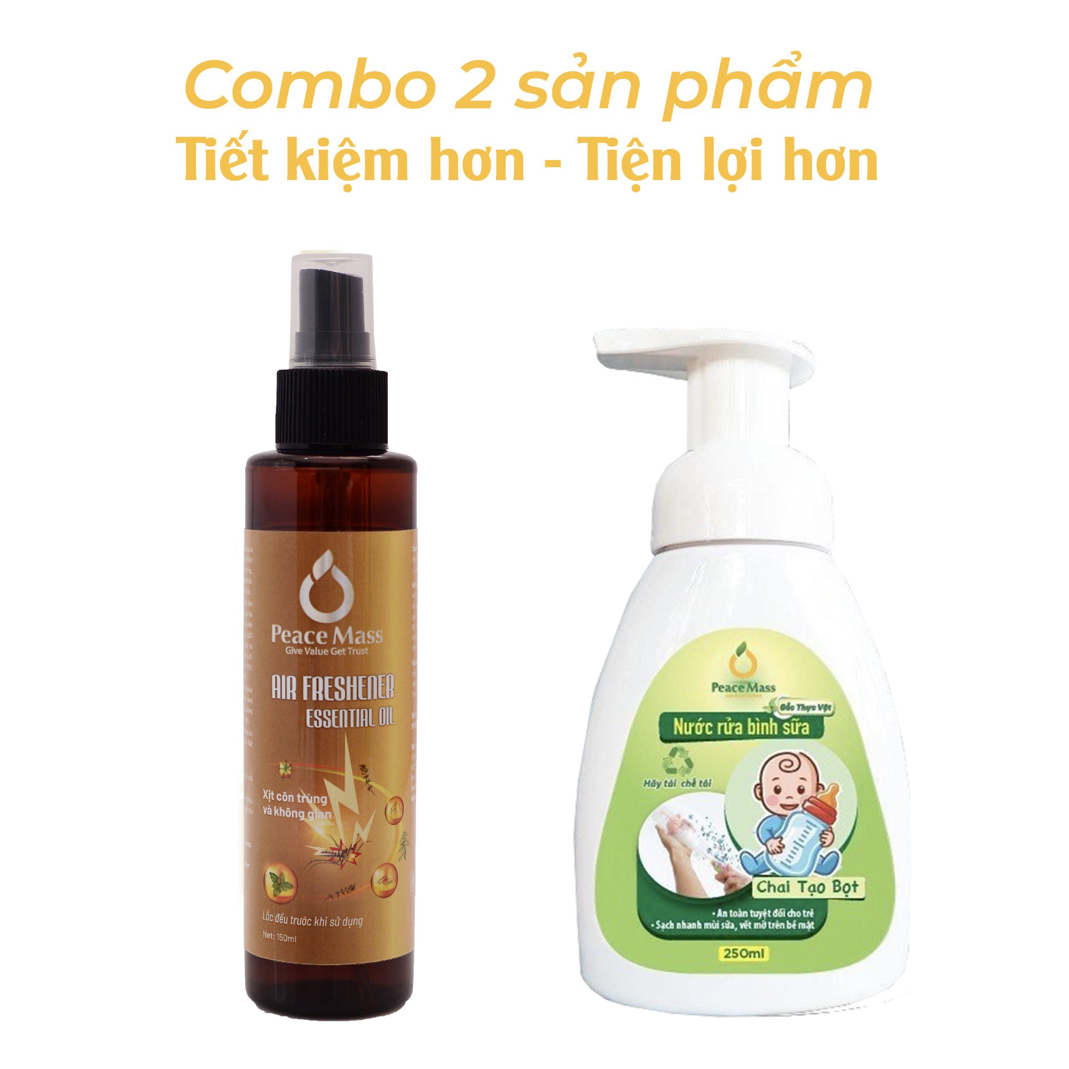 RBSC3 Combo Sản Phẩm Gốc Thực Vật Peace Mass Nước Rửa Bình Sữa 250ml (Chai tạo bọt) + Xịt Côn Trùng &amp; Không Gian 150ml