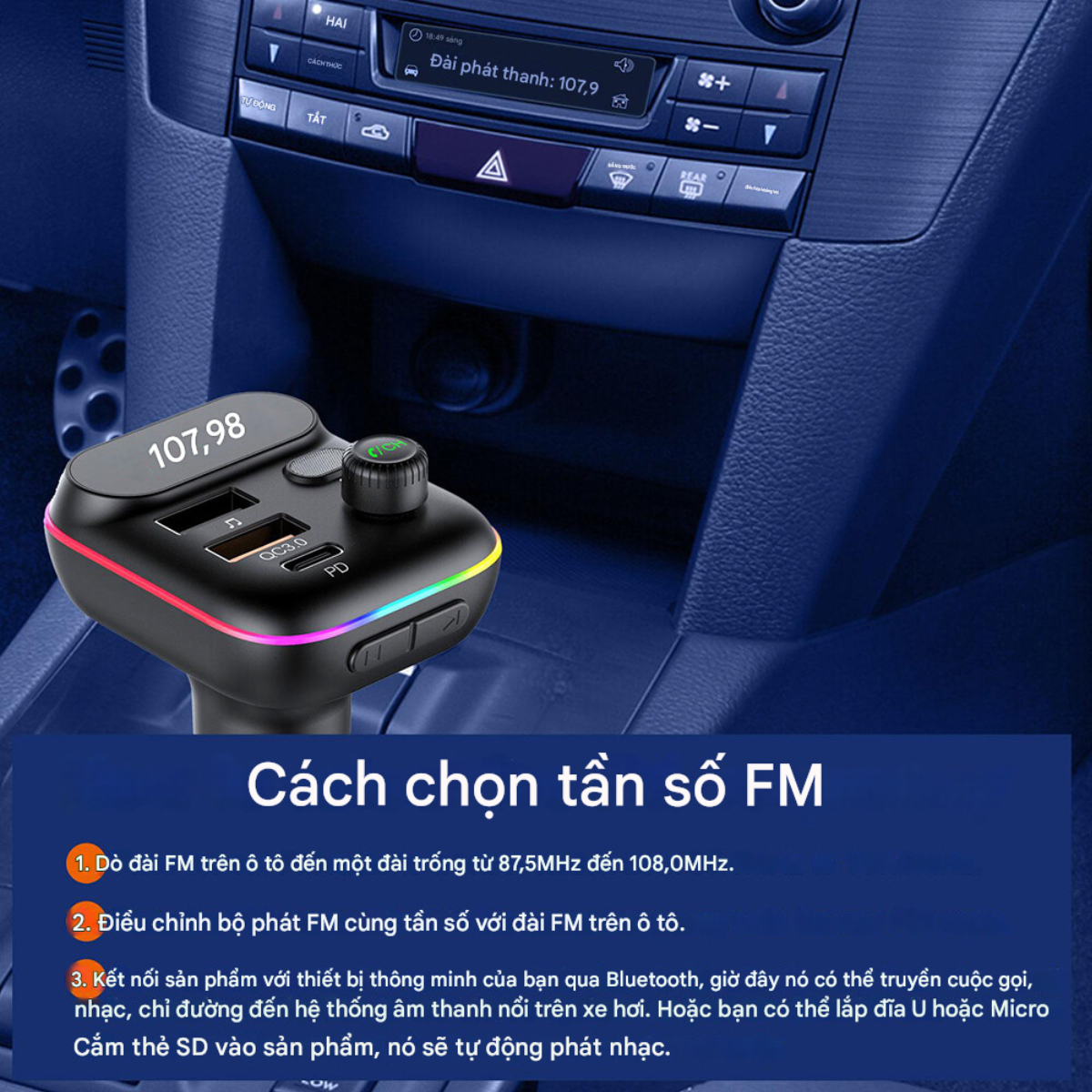 Tẩu sạc ô tô Choetech TC0050 tích hợp Bluetooth phát FM sạc nhanh 36W - Hàng chính hãng