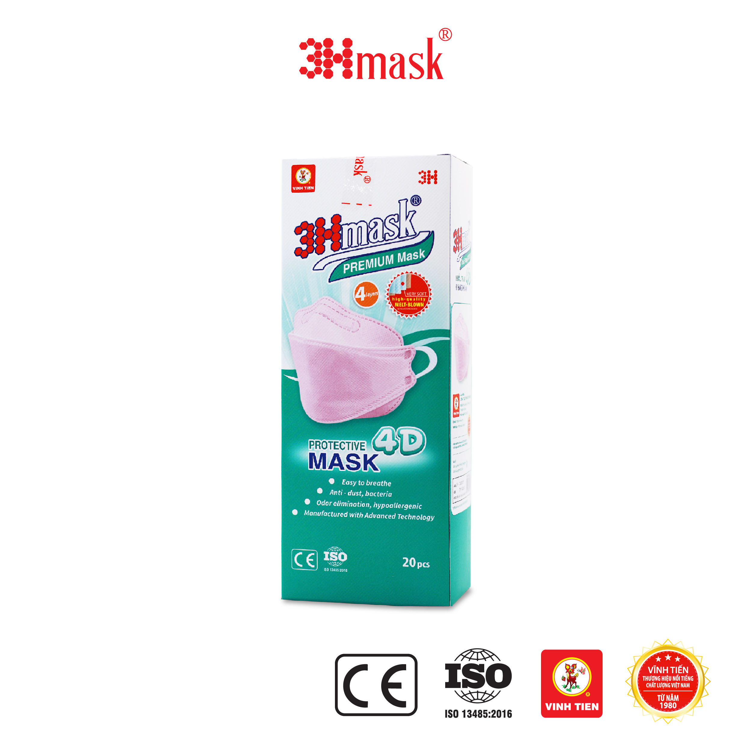 Khẩu Trang 3Hmask 4D Quai Bản Hồng (20 cái) - Kháng Khuẩn Cao Cấp ôm khít mặt, không đau tai, không lem son