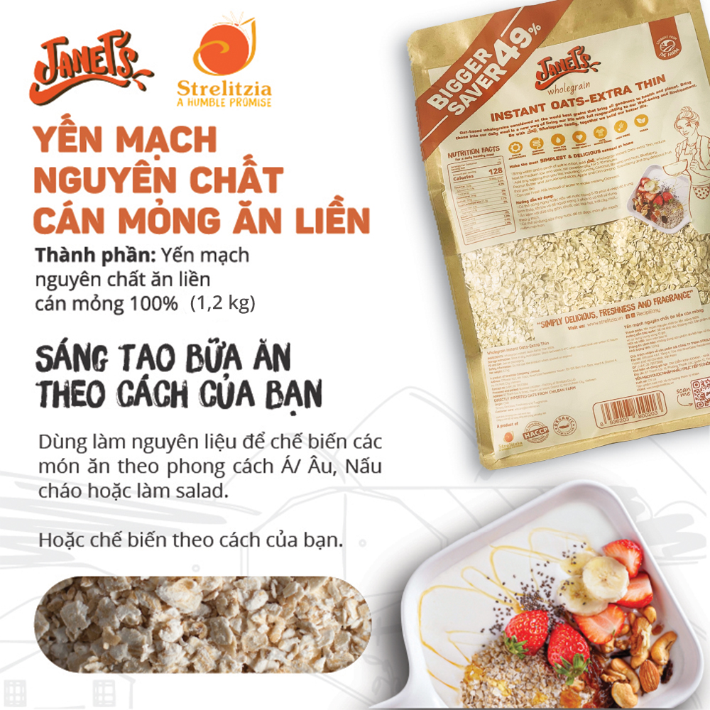 Yến mạch nguyên chất ăn liền cán mỏng Janet's 1.2kg