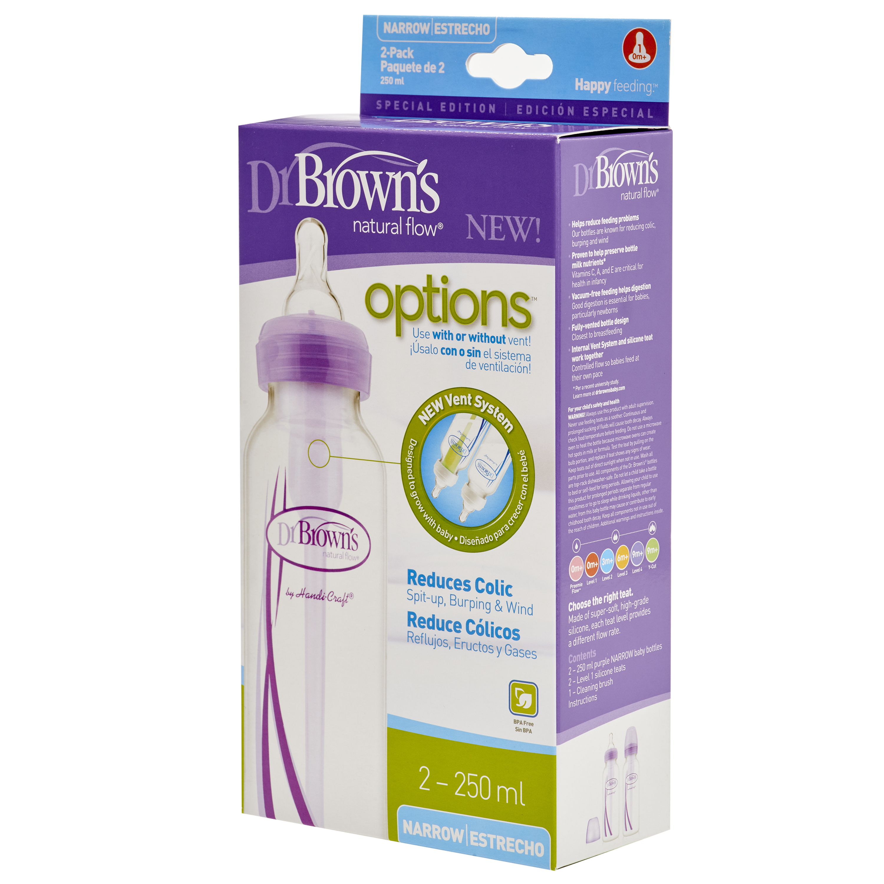 Bộ 2 bình sữa Dr.Brown's Tùy chọn cổ thường 250ml Dr Brown's nhựa PP - màu tím