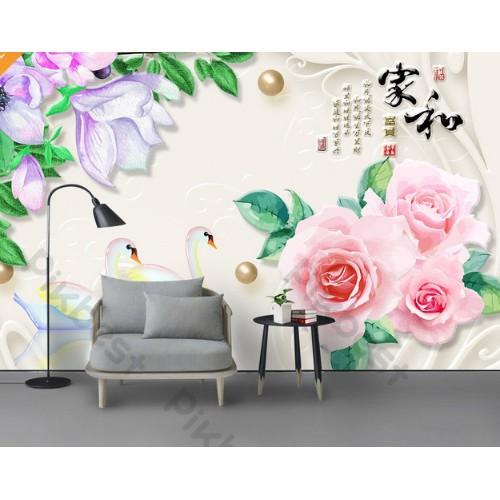 Tranh dán tường Tranh hoa và đôi thiên nga trang trí phong phú, tranh dán tường 3d hiện đại (tích hợp sẵn keo) MS1142467