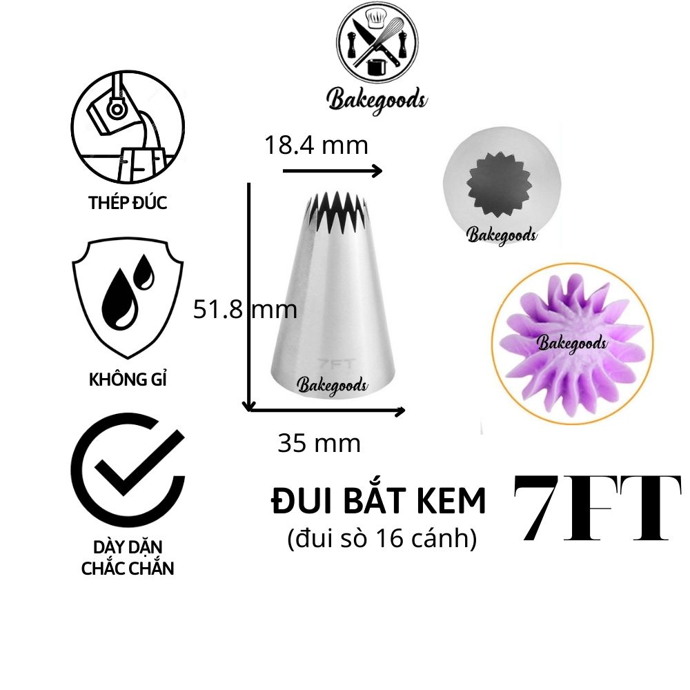 Đui bắt kem 7FT, Đuôi bắt bánh quy, chui trang trí bánh bằng thép không gỉ đúc liền khối dày dặn, cứng cáp