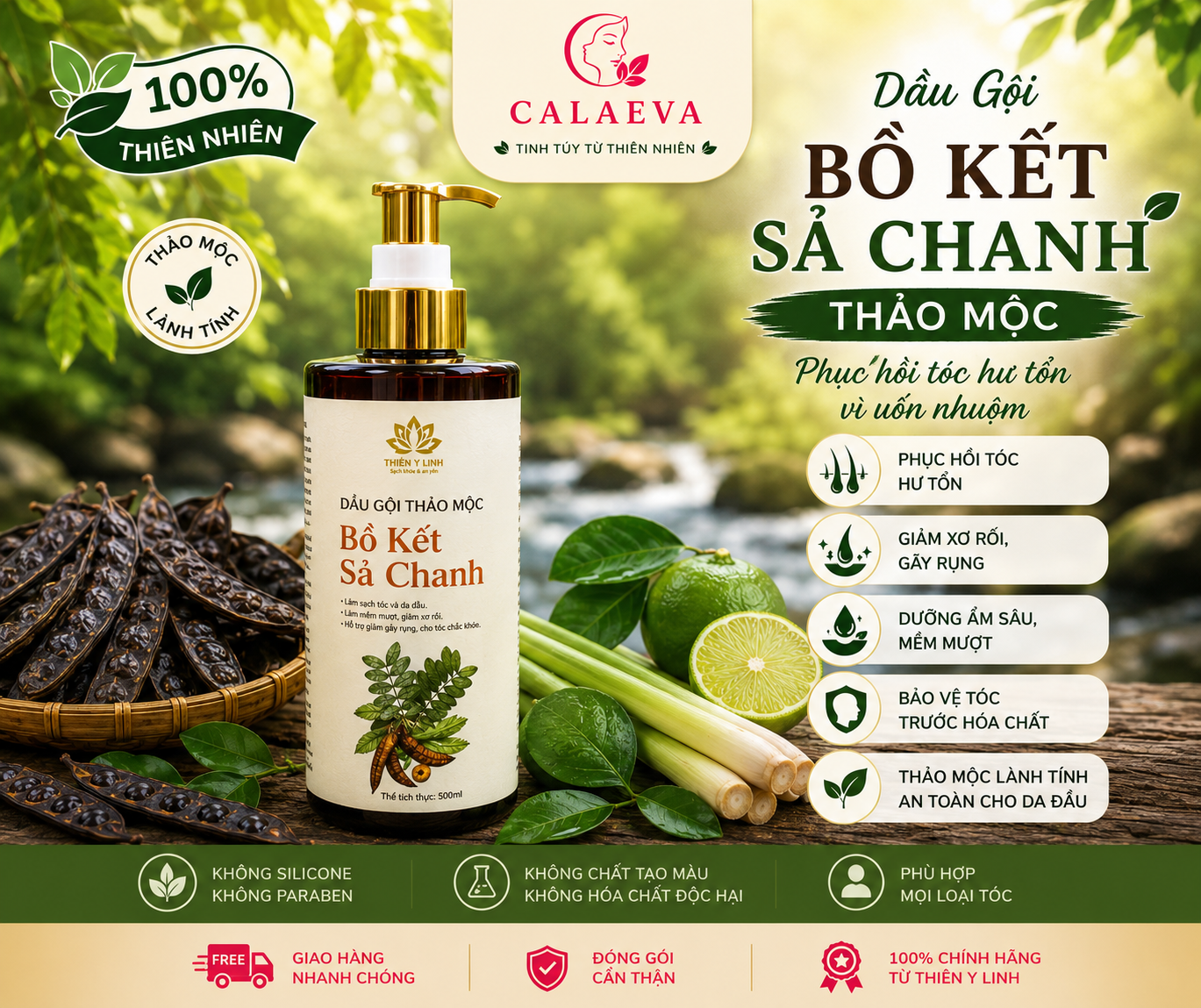 Dầu Gội Bồ Kết Sả Chanh thảo mộc phục hồi tóc hư tổn vì uốn nhuộm.