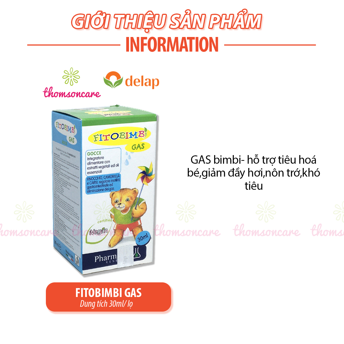 Gas Bimbi - Hỗ trợ giảm rối loạn tiêu hóa cho bé - Chai 30ml - Nhập khẩu từ hãng Fitobimbi của Ý