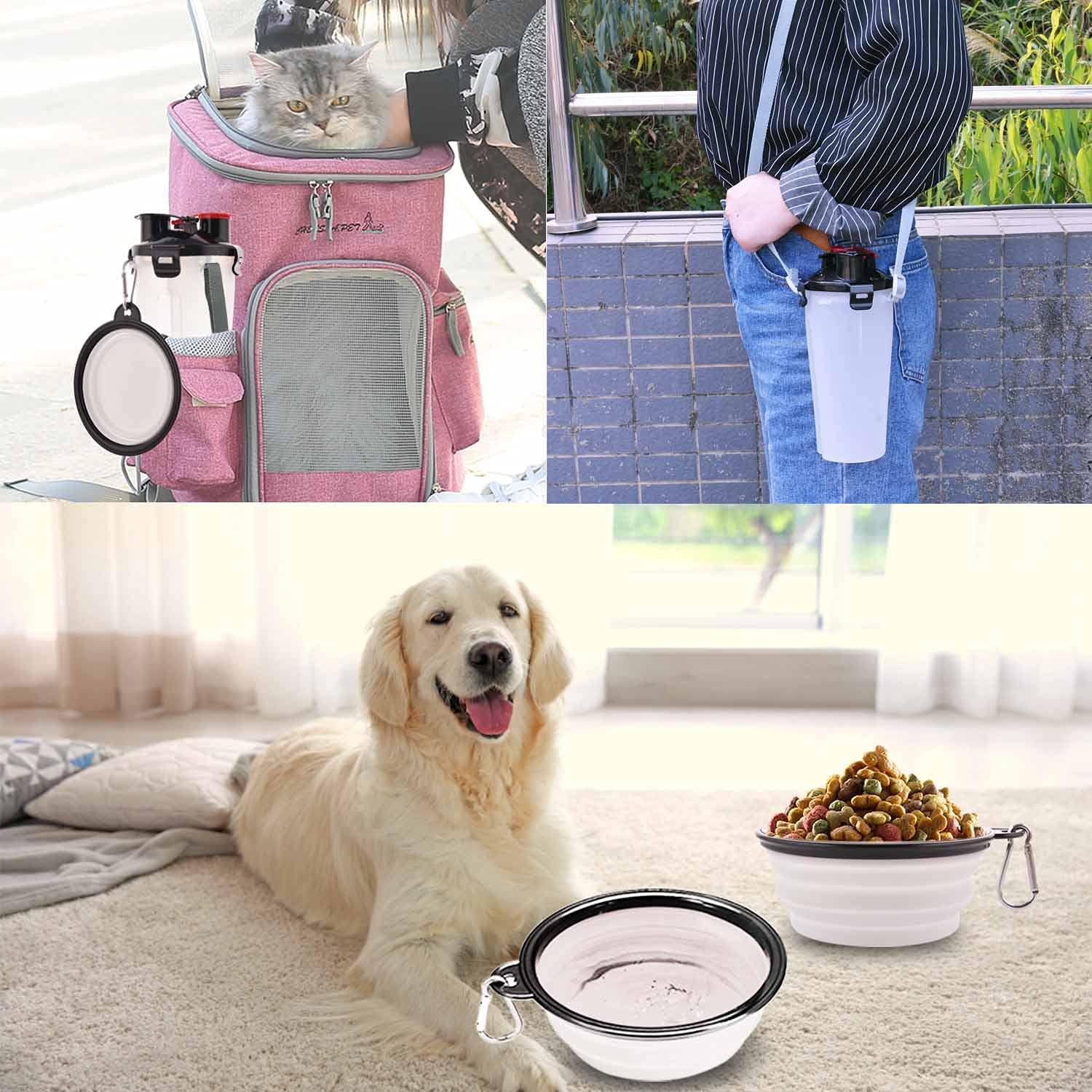 Chai nước cho chó với 2 bát có thể gập lại máy tính xách tay 2 trong 1 chai nước và động vật thức ăn cho chó, chai du lịch để đi bộ, tập thể dục, đi bộ đường dài, cắm trại
