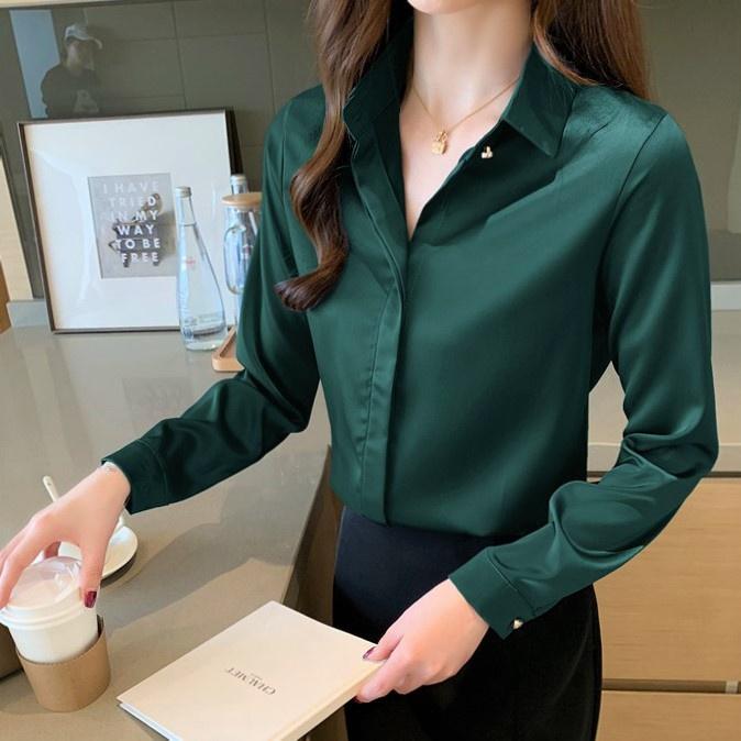Áo Sơ Mi Nữ Công Sở Màu Xanh Lá Cổ Đức CHIPY Kiểu Hàn Quốc Vintage Ulzzang Form Rộng Dài Tay Đẹp Chất Lụa Cao Cấp A2X