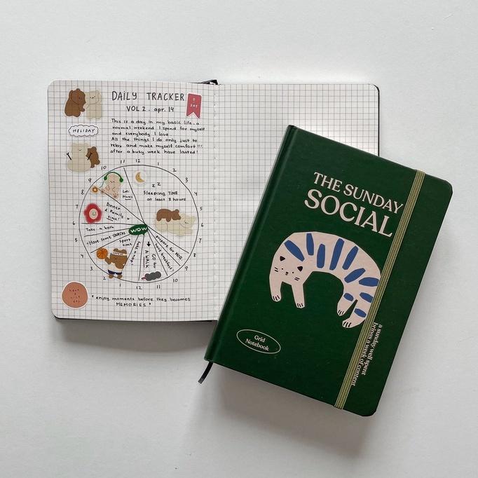 Sổ Tay A5 Grid Ô Vuông 130gsm Crabit, The Sunday Social, Mèo Xanh