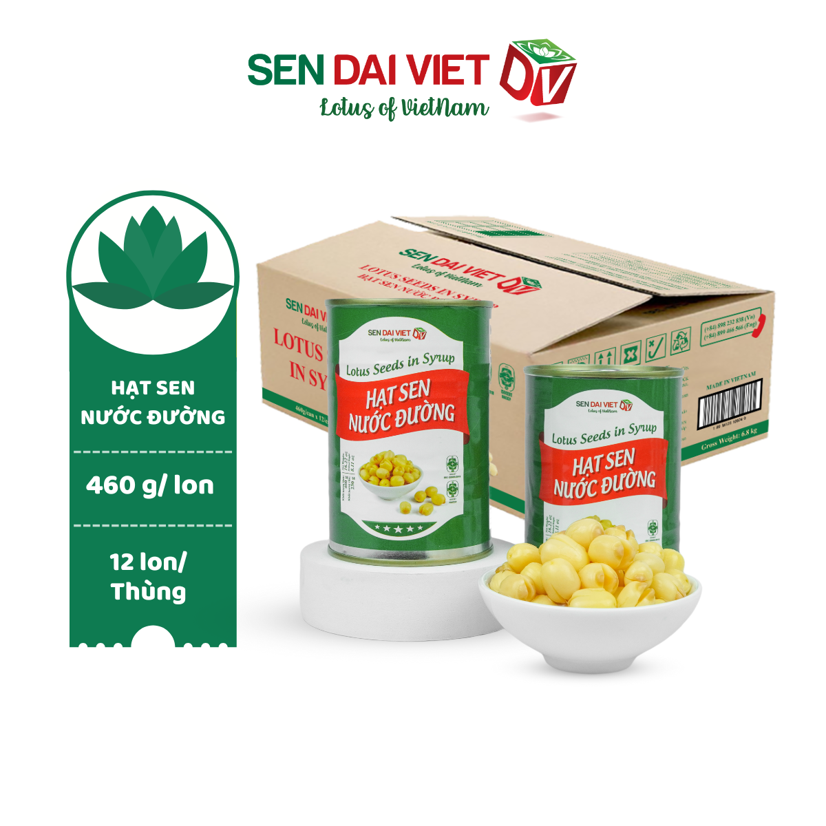 Hạt Sen Nước Đường- Hương Vị Thơm Ngon, Dễ Dàng Sử Dụng, ĐV- Sen Đại Việt- Lon 460g