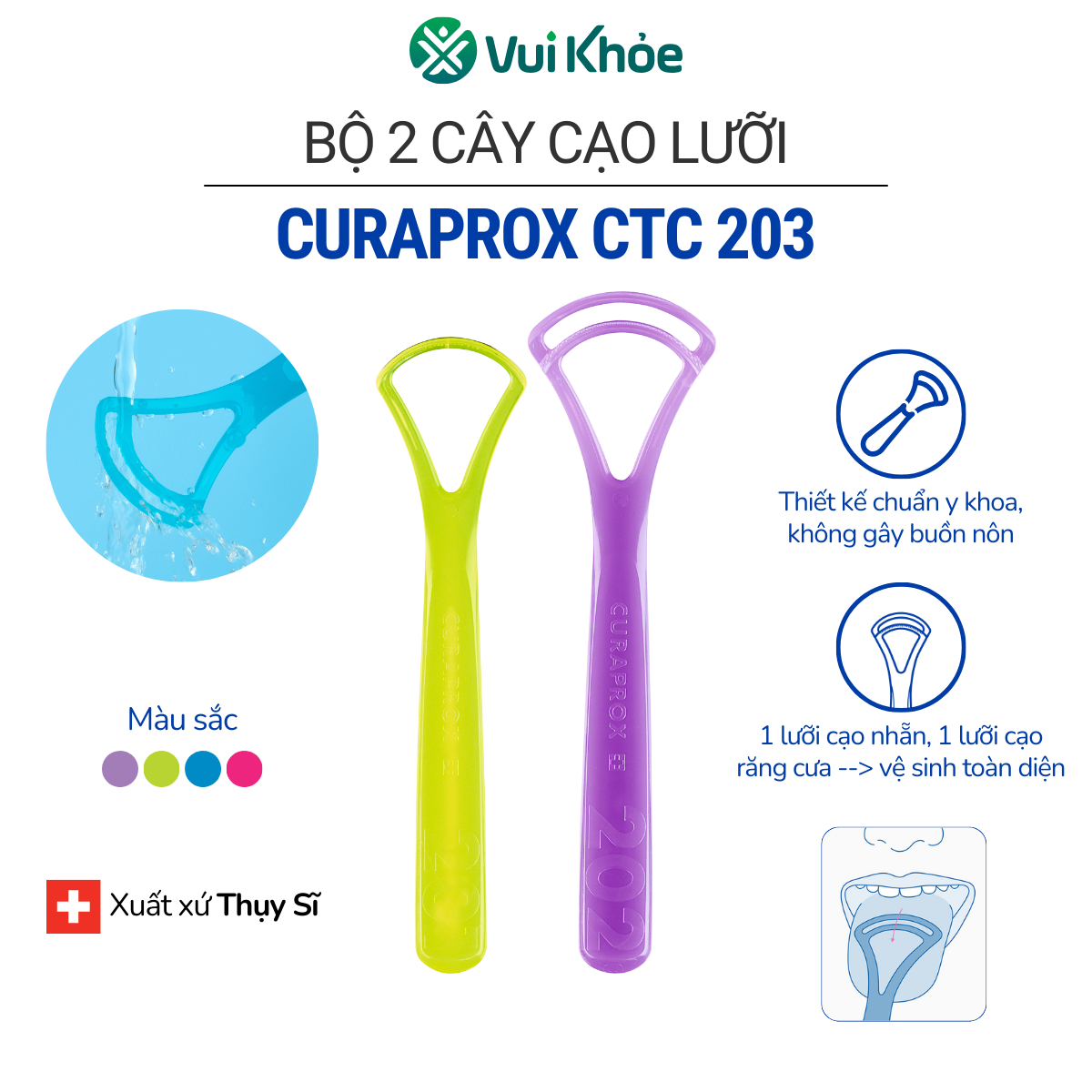 Bộ 2 cây cạo lưỡi Curaprox CTC 203 (Gồm 1 cây CTC 201 và 1 cây CTC 202) - Chăm sóc răng miệng từ Thụy Sỹ