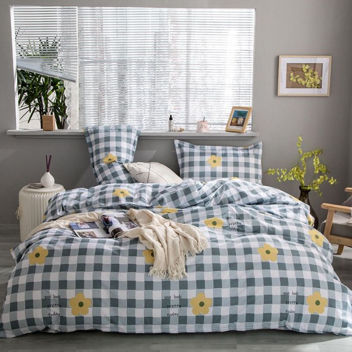 Bộ chăn ga gối Cotton cao cấp 1m6x2m caro hoa cúc