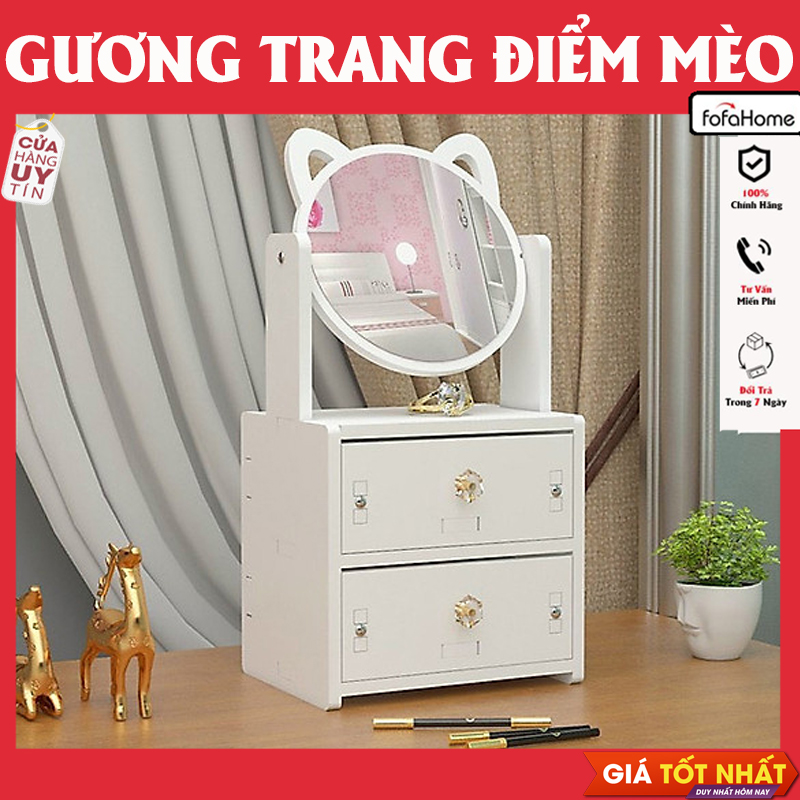 Gương Trang Điểm Để Bàn Tủ Để Đồ Trang Điểm Có Ngăn Kéo Và Gương Xoay 360, Kệ Để Đồ Đa Năng Thiết Kế Sang Trọng Màu Trắng
