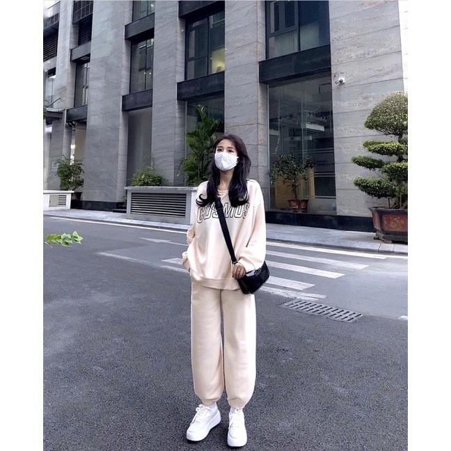 Set quần Jogger nữ ống rộng + Áo nỉ Cosmos - Ba màu Trắng/ Đen/ Ghi xám - Vải len tăm Oversize - Vitalita.cloth
