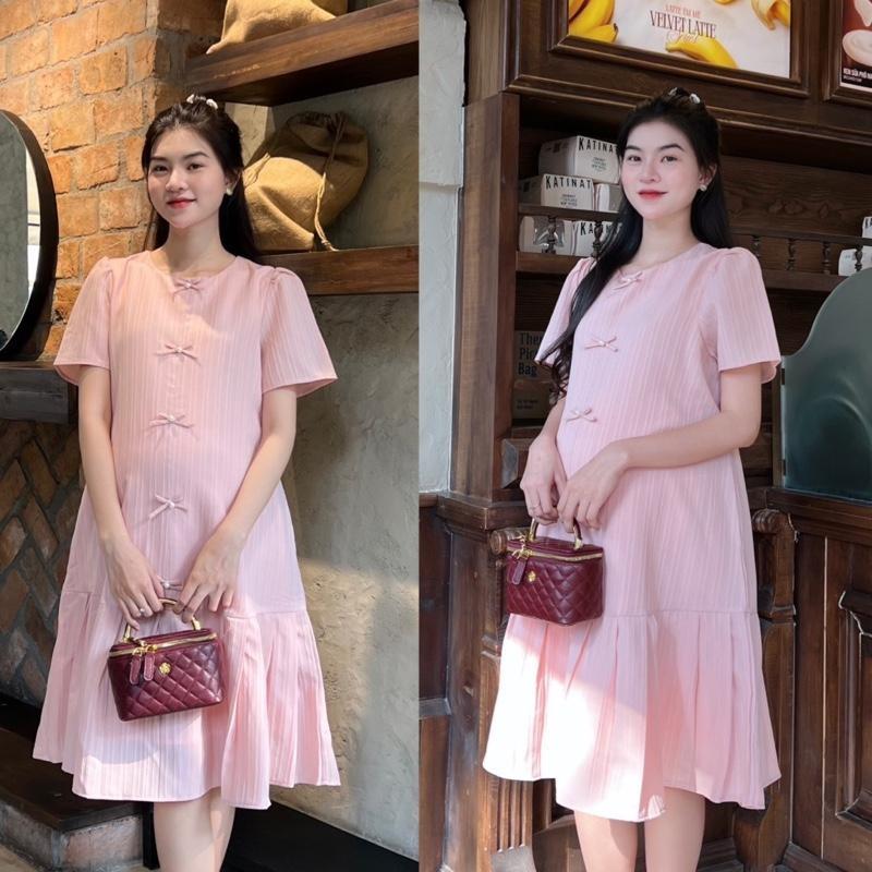 Đầm Bầu Đuôi Cá Xếp Ly Đính Nơ Ngọc Vải Xốp Hàn Xinh Xắn, Trẻ Trung - Xanh Biển