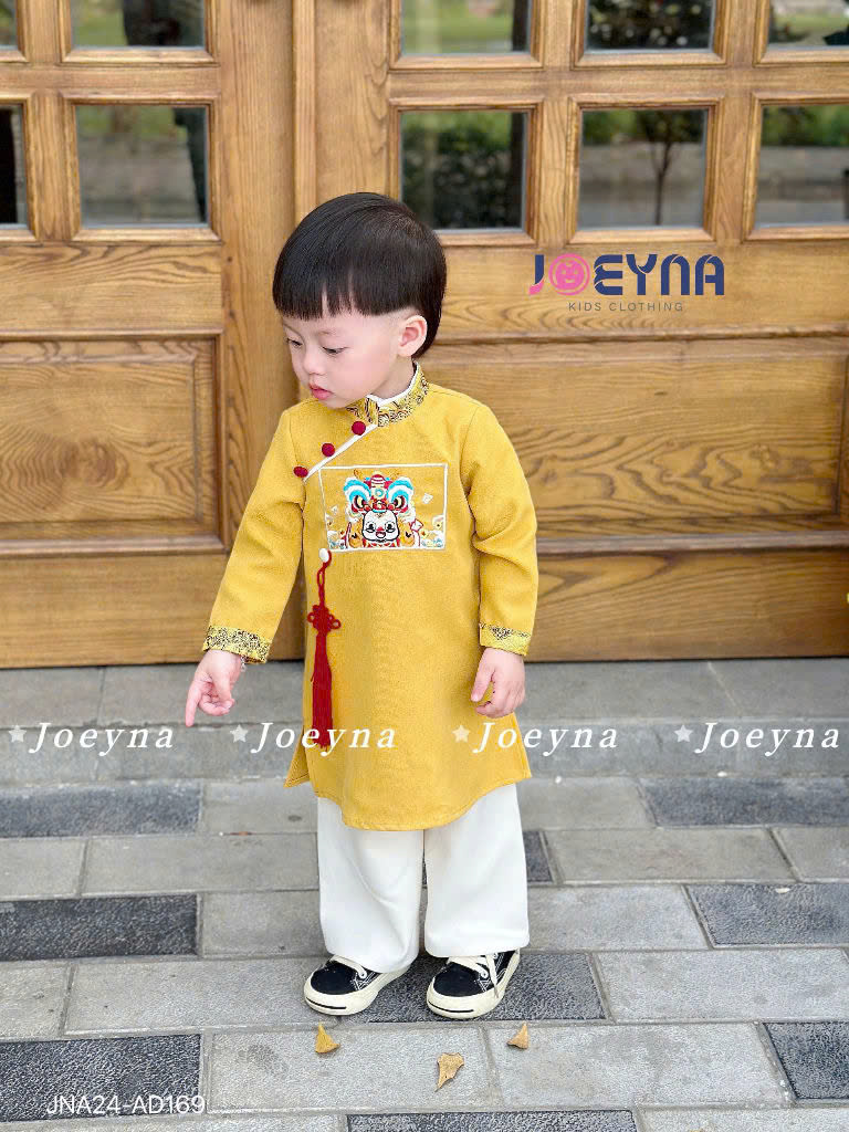 Áo dài cách tân bé trai 9m-6 tuổi thêu sư tử bắt mắt hàng thiết kế vải nhung tăm dáng thời trang