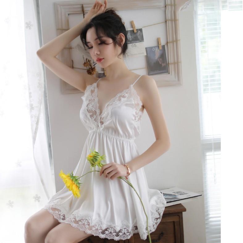 Váy ngủ lụa thái ren ngực - Màu trắng