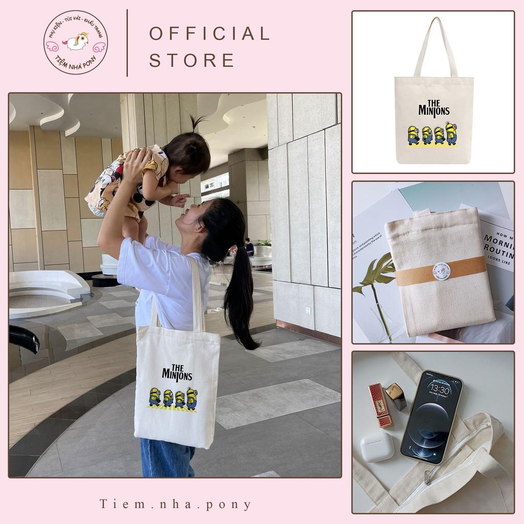 Túi tote vải mộc Tiệm nhà Pony dây kéo in hình The minions PM26