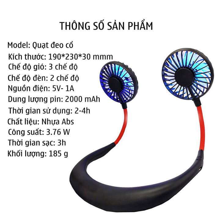 Quạt đeo cổ mini sạc tích điện 14 cánh cao cấp, Quạt mini treo cổ 3 mức gió điều chỉnh 360 độ giá rẻ phong cách