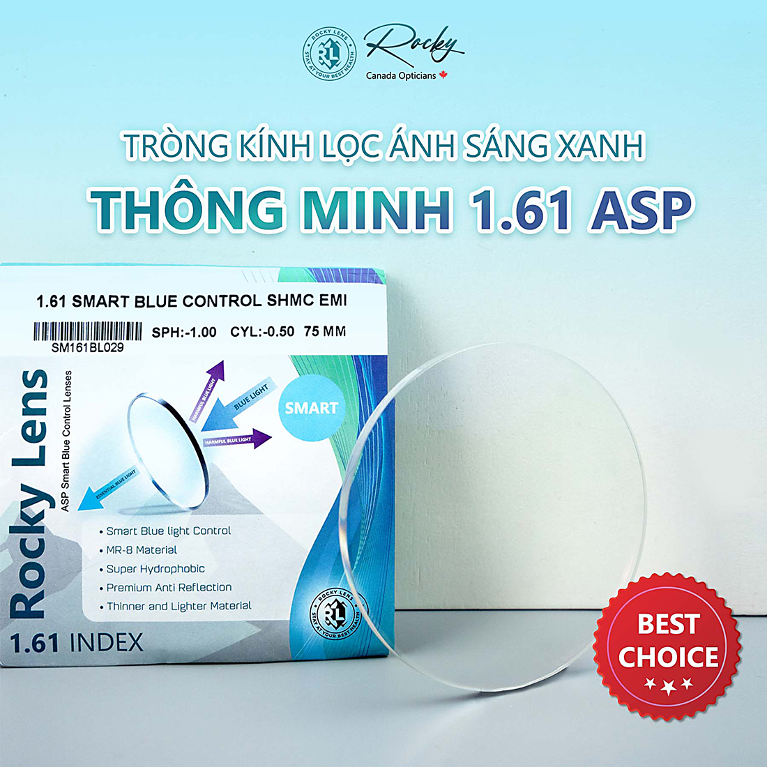 Tròng Kính Rocky Smart Bluecontrol 1.61 ASP Chống Ánh Sáng Xanh Thông Minh