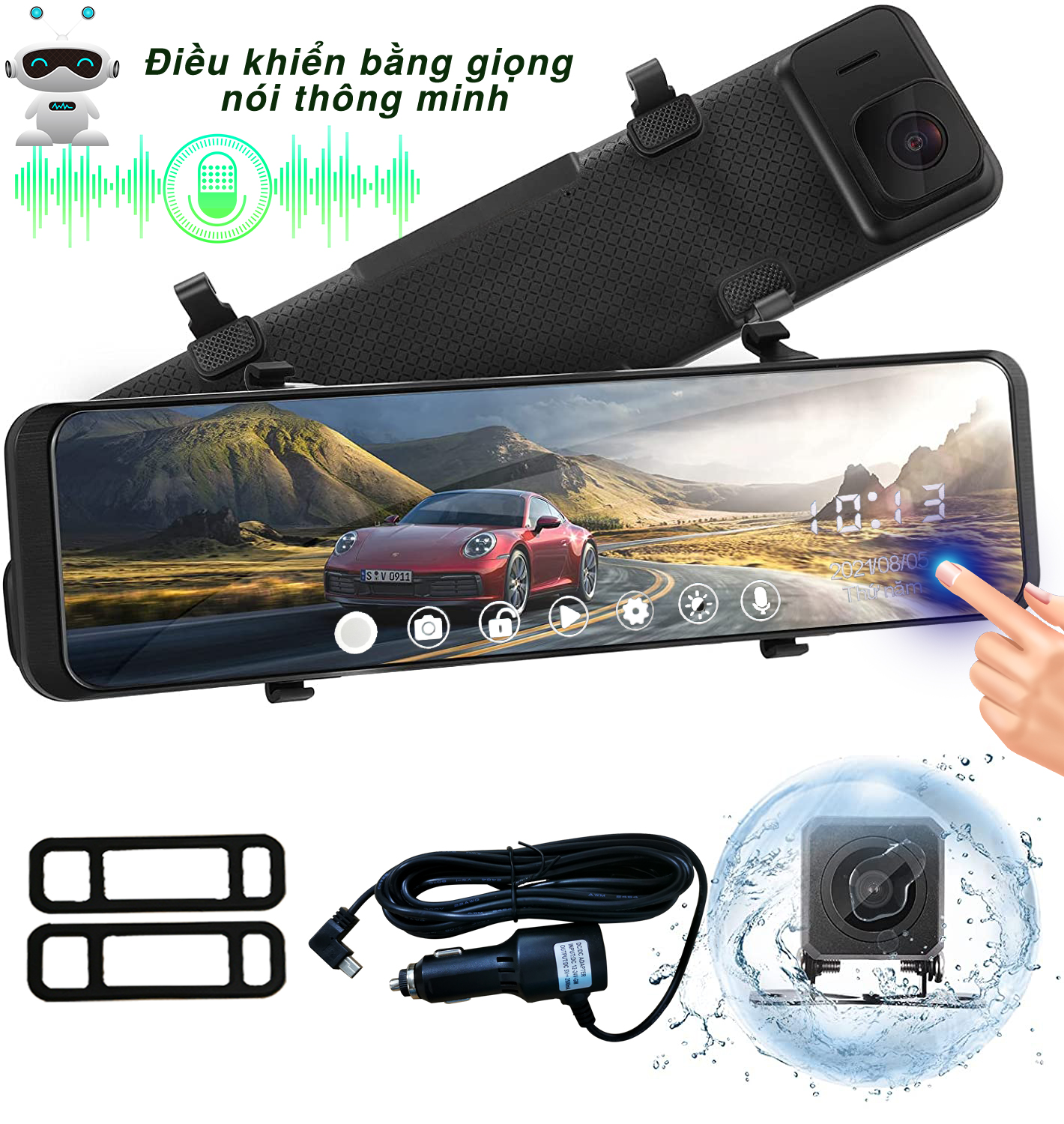12 inch Màn hình cảm ứng IPS Máy ảnh ghi hình dạng gương chiếu hậu ô tô với điều khiển bằng giọng nói