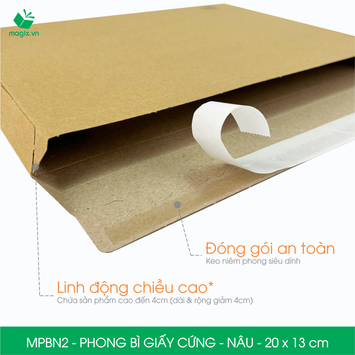 MPBN2 - 20x13 cm - Combo 60 phong bì giấy cứng đóng hàng màu nâu thay thế túi gói hàng