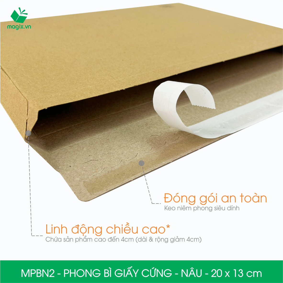 MPBN2 - 20x13 cm - Combo 100 phong bì giấy cứng đóng hàng màu nâu thay thế túi gói hàng