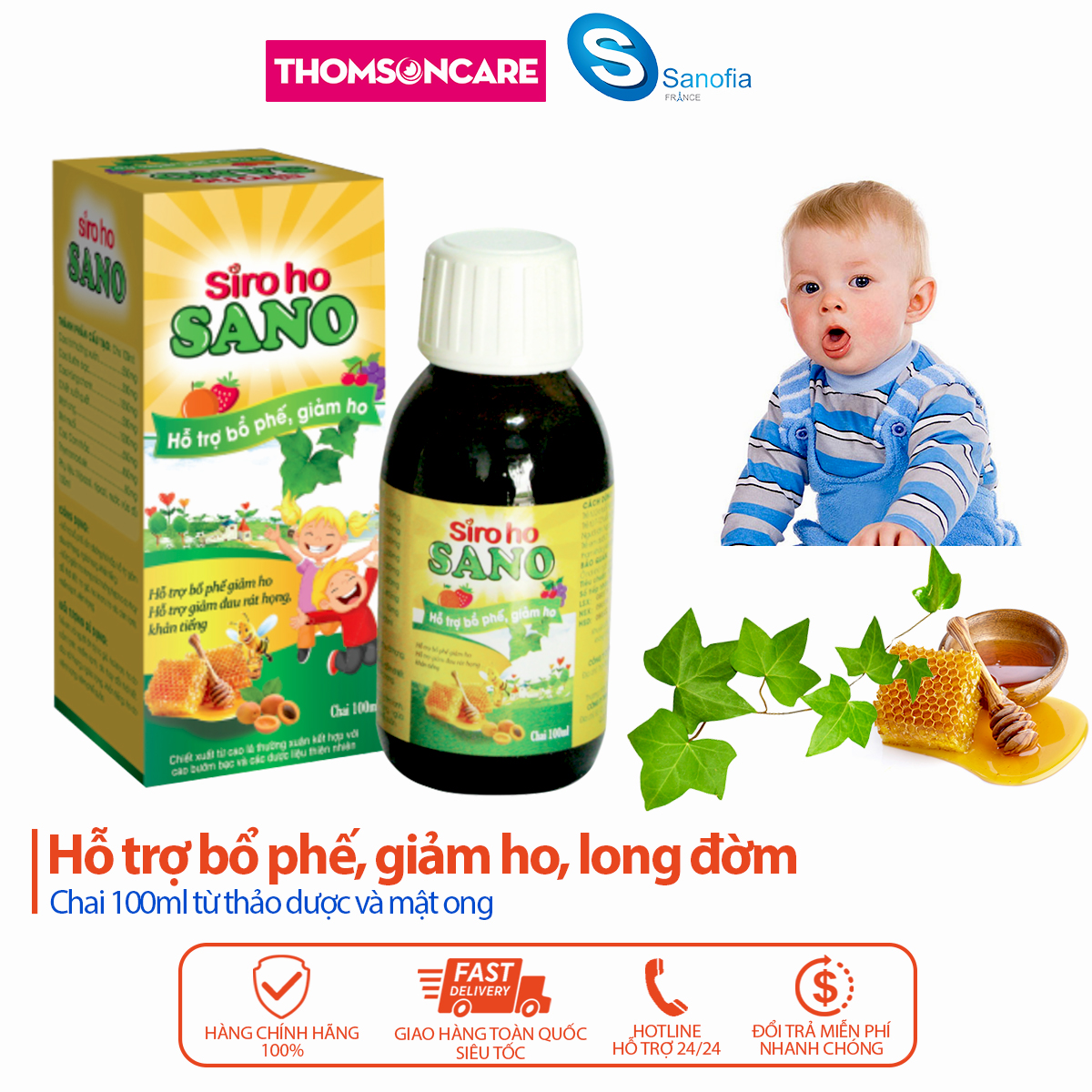 Siro ho cho bé, siro ho Sano Sanofia - giúp bổ phế, giảm ho, tiêu đờm từ thảo dược - Chai 100ml Thomsoncare