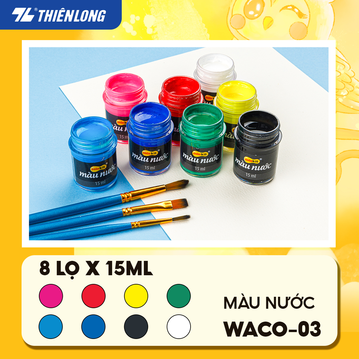 Màu nước Thiên Long Colokit 8 màu cơ bản tiêu chuẩn Châu Âu đảm bảo an toàn cho trẻ em khi tiếp xúc WACO-03