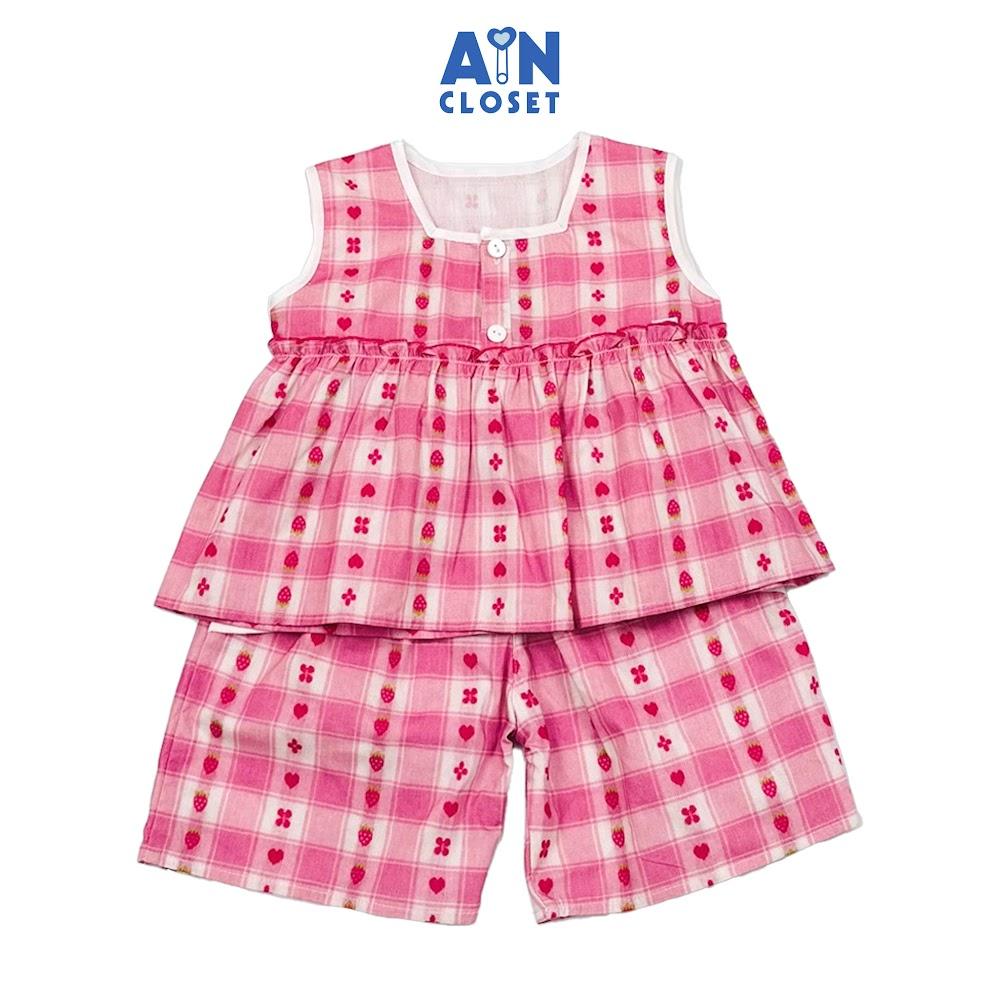 Bộ quần áo Lửng bé gái hoạ tiết Caro Hồng Hoa Dâu Cotton - AICDBGBVTVO8 - AIN Closet