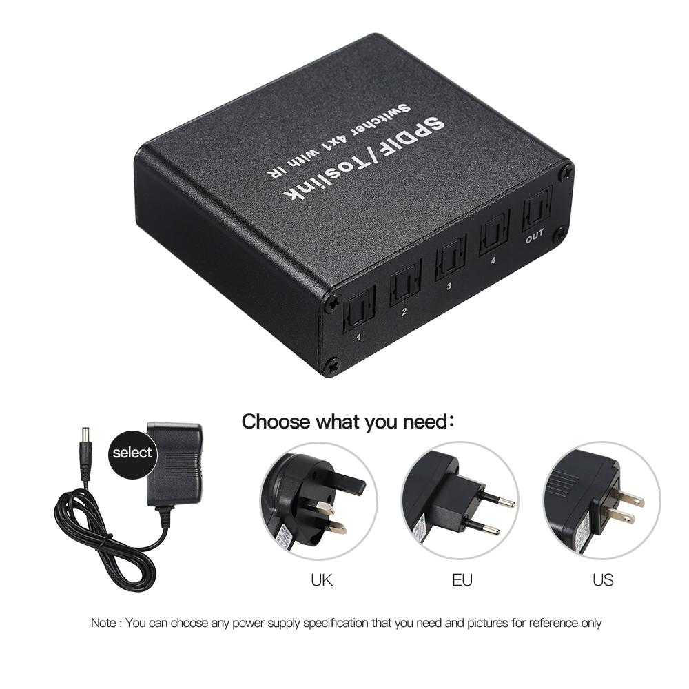 Thiết bị chuyển mạch âm thanh SPDIF TOSLINK kỹ thuật số 4*1điều khiển từ xa hồng ngoại - Phích cắm của US