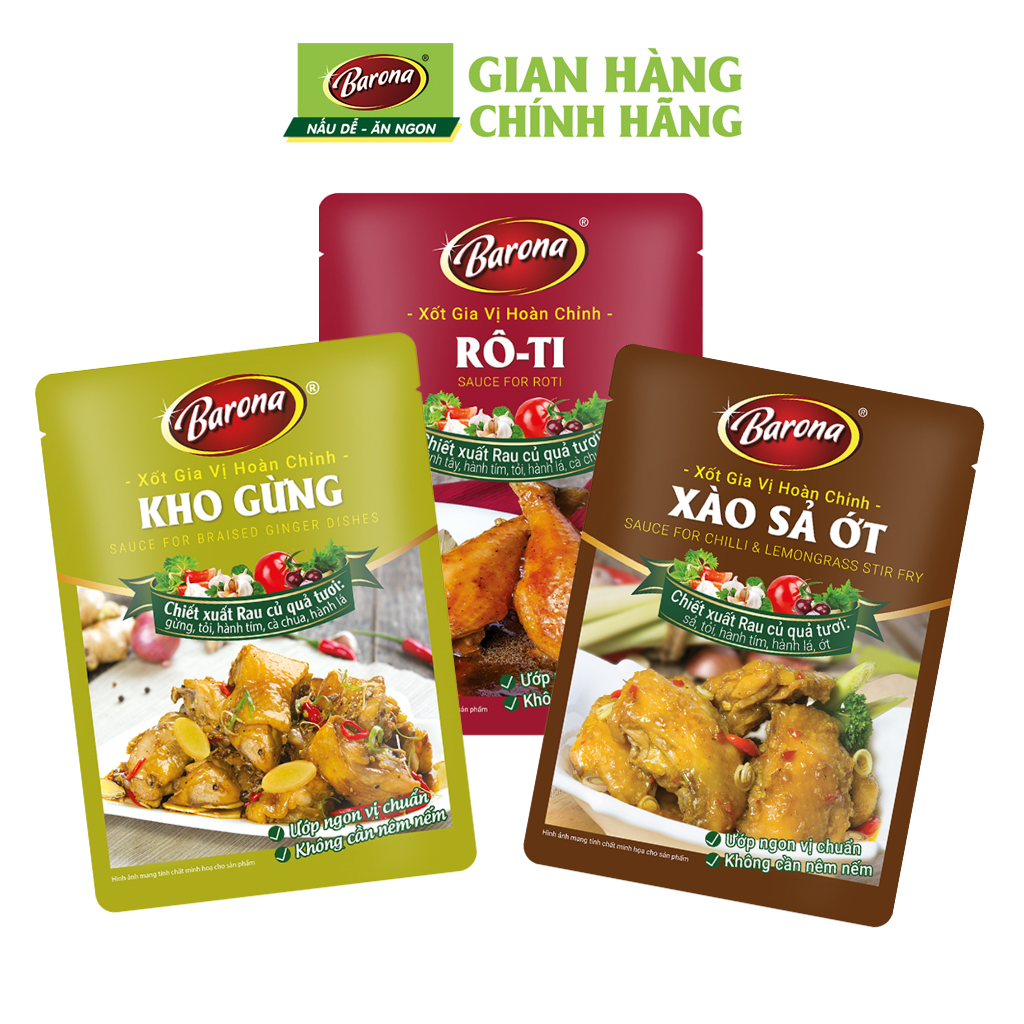 Combo Xốt gia vị hoàn chỉnh Barona: 1 gói Kho gừng  + 1 gói Xào Sả Ớt  + 1 gói Rô ti